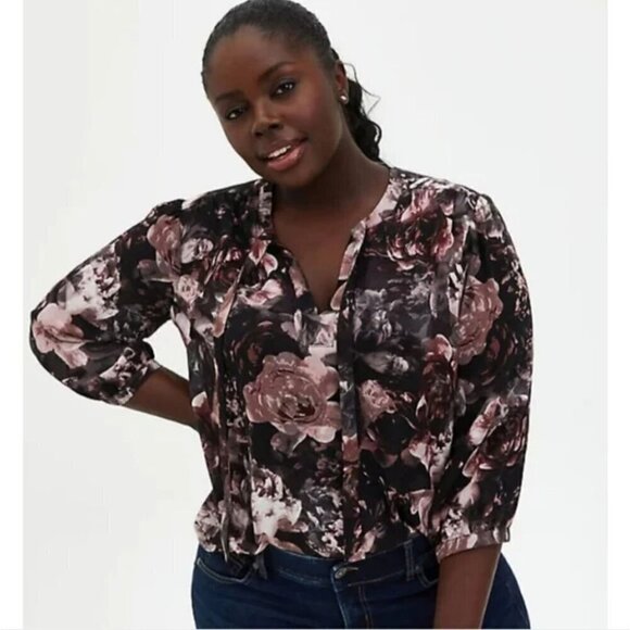Torrid Georgette Tie Neck Floral Peasant Blouse Whimsigoth Black Size 1=14/16 - Picture 1 of 16